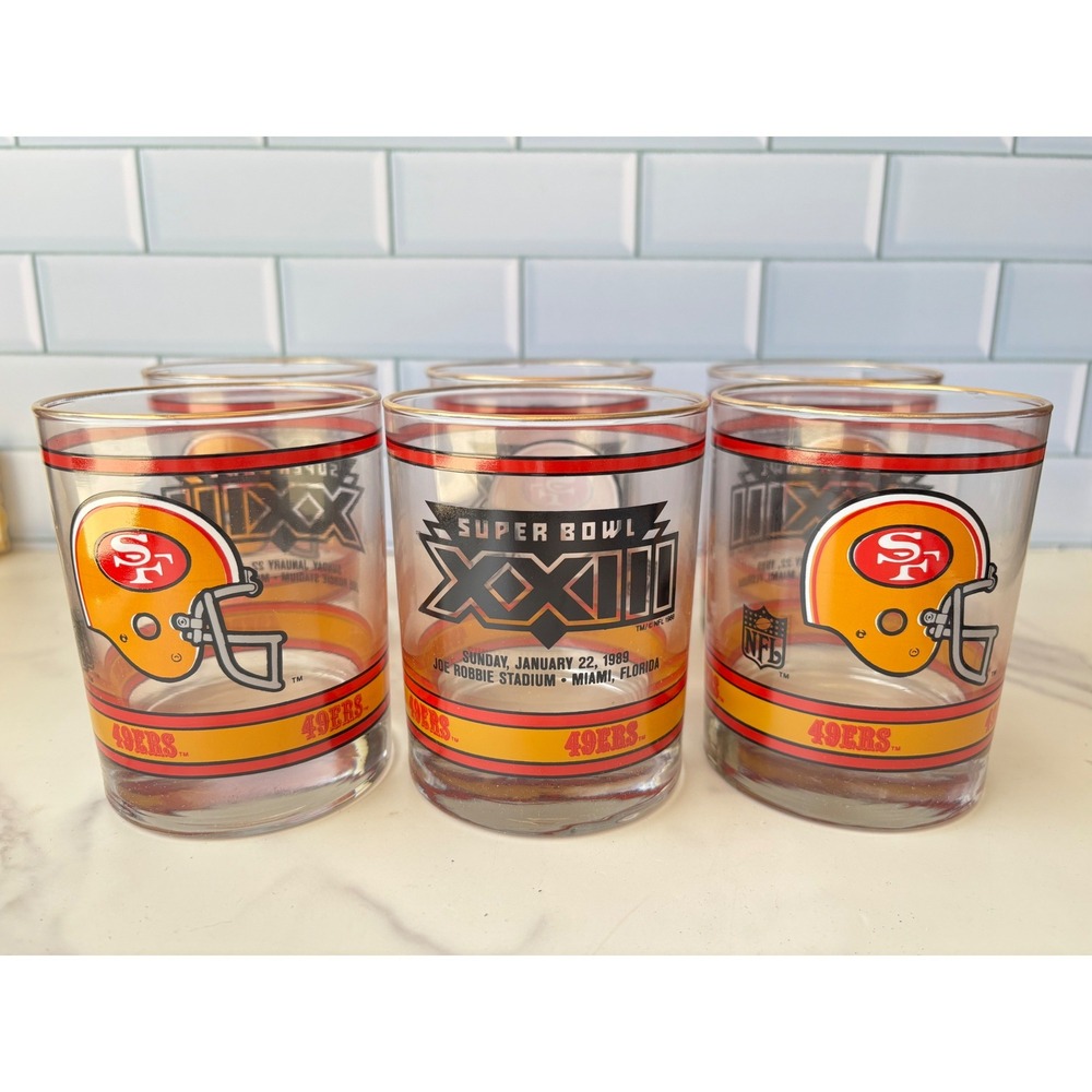 Vintage San Francisco 49ers Super Bowl XXIII Glasses Set of 6 1989 NFL Miami